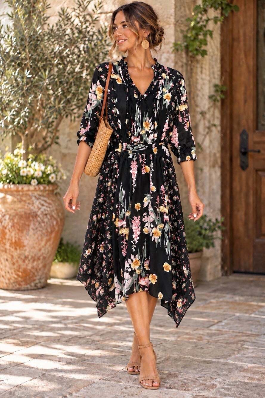 NWT Figueroa & Flowers L Floral Midi Dress Black Boho Flowy Patchwork Handkerchi